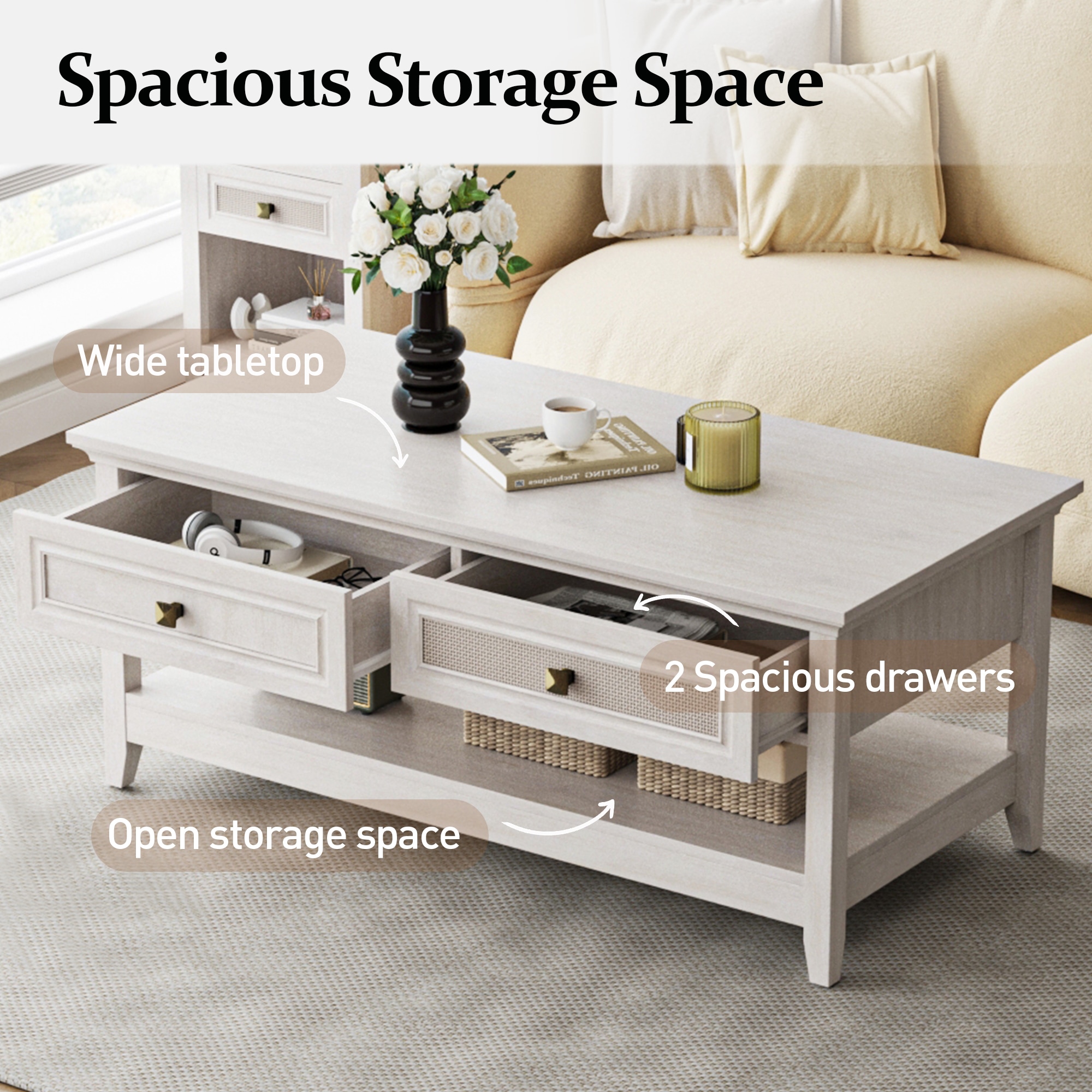Farmhouse Coffee Table, Boho Tea Table With 2 Rattan Decor Drawers, Accent Center Sofa Table With Storage Shelf, 2 Tier Coffee Table For Bedroom, Living Room, Home Office, Grayish White_voghion.com
